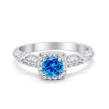 Halo Engagement Bridal Ring Simulated Blue Topaz CZ 925 Sterling Silver